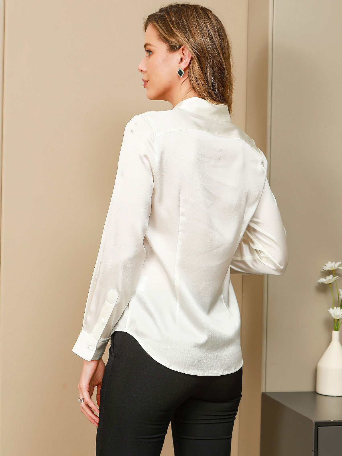 [Wit] SilkSilky-NL Zijde Kraag Dames Blouse 002