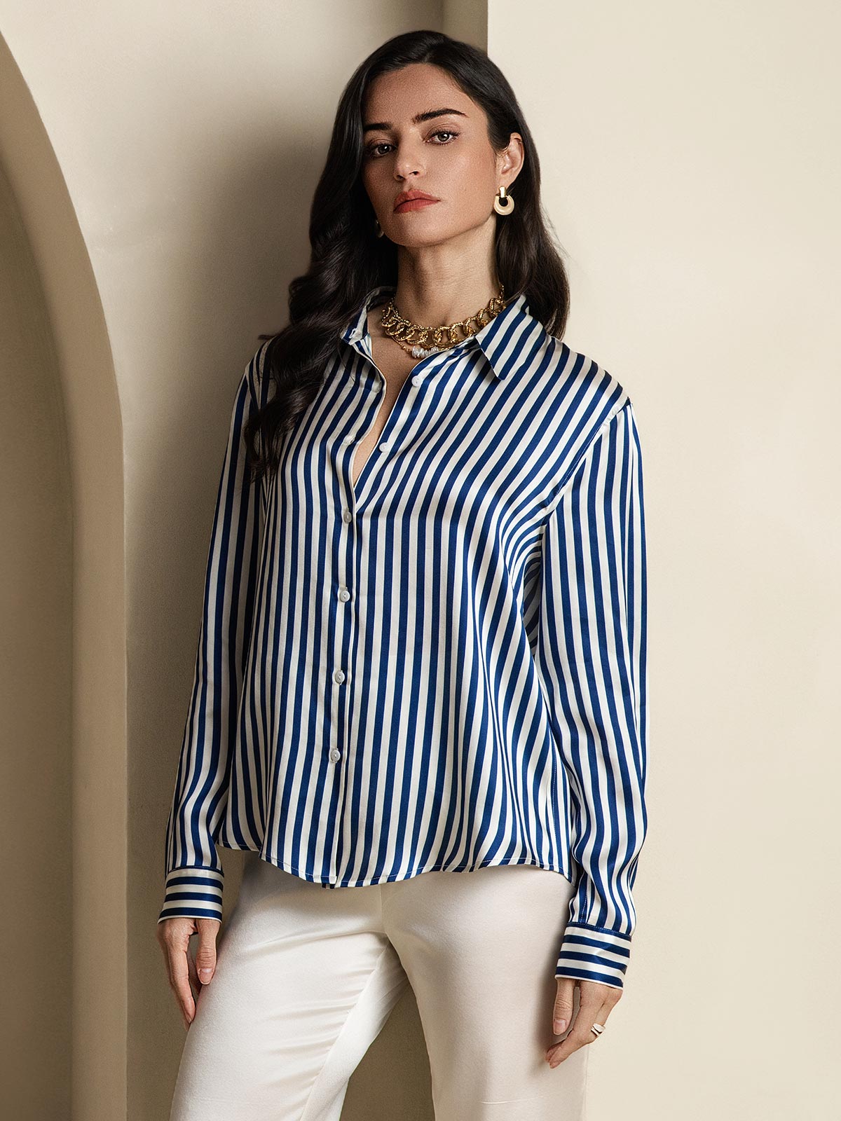 [Blauw] SilkSilky-NL Zijde Kraag Dames Blouse 003