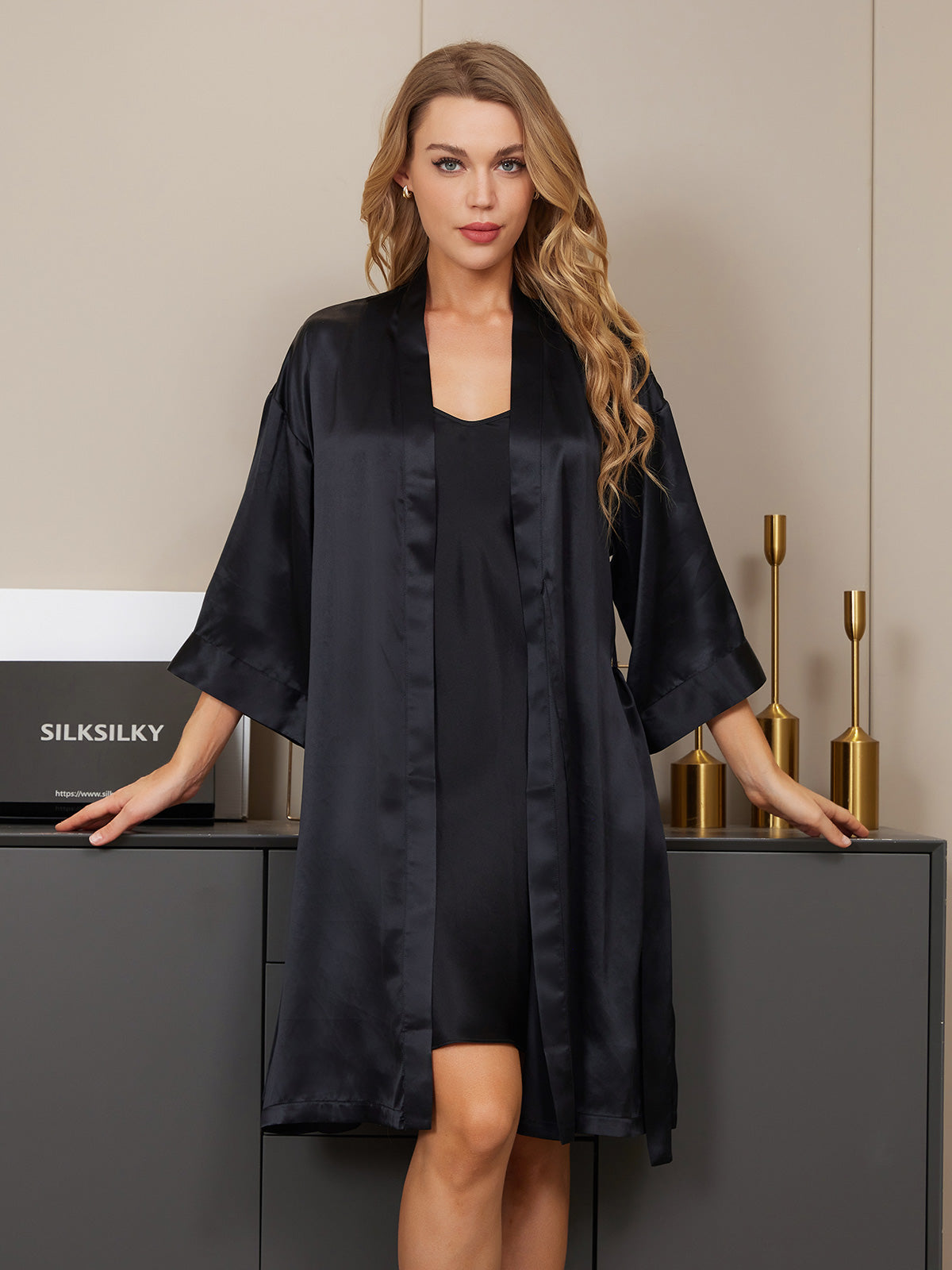 [Zwart] SilkSilky-NL Zijde Nightgown&Robe Set 005