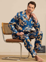 [Navy Draak] SilkSilky-NL Long Sleeve Notch Collar Heren Pyjama Set 001