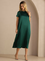 [Donkergroen] SilkSilky-NL Short Sleeve Round Neck Jurk 004