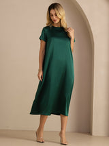 [Donkergroen] SilkSilky-NL Short Sleeve Crew Neck Jurk 004