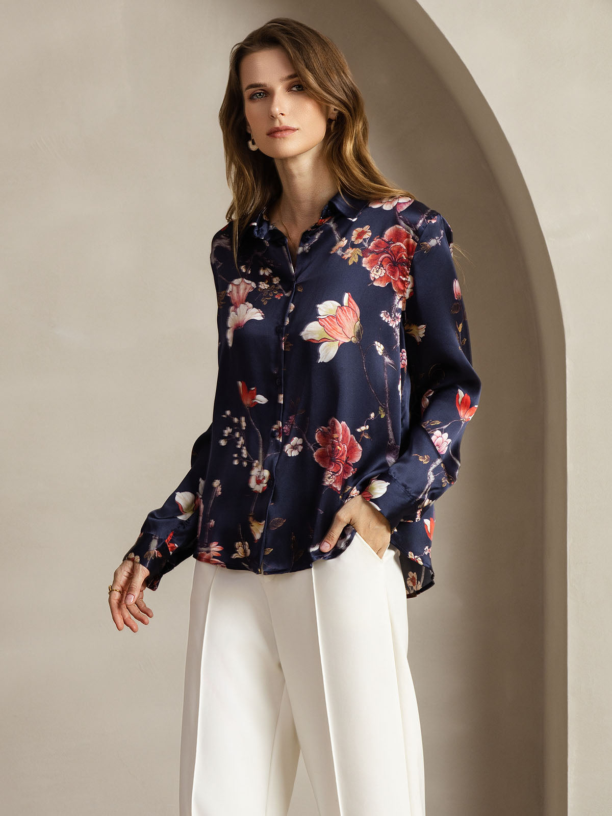 [Marine Bloemen] SilkSilky-NL Zijde Lange Mouw Kraag Dames Blouse 004
