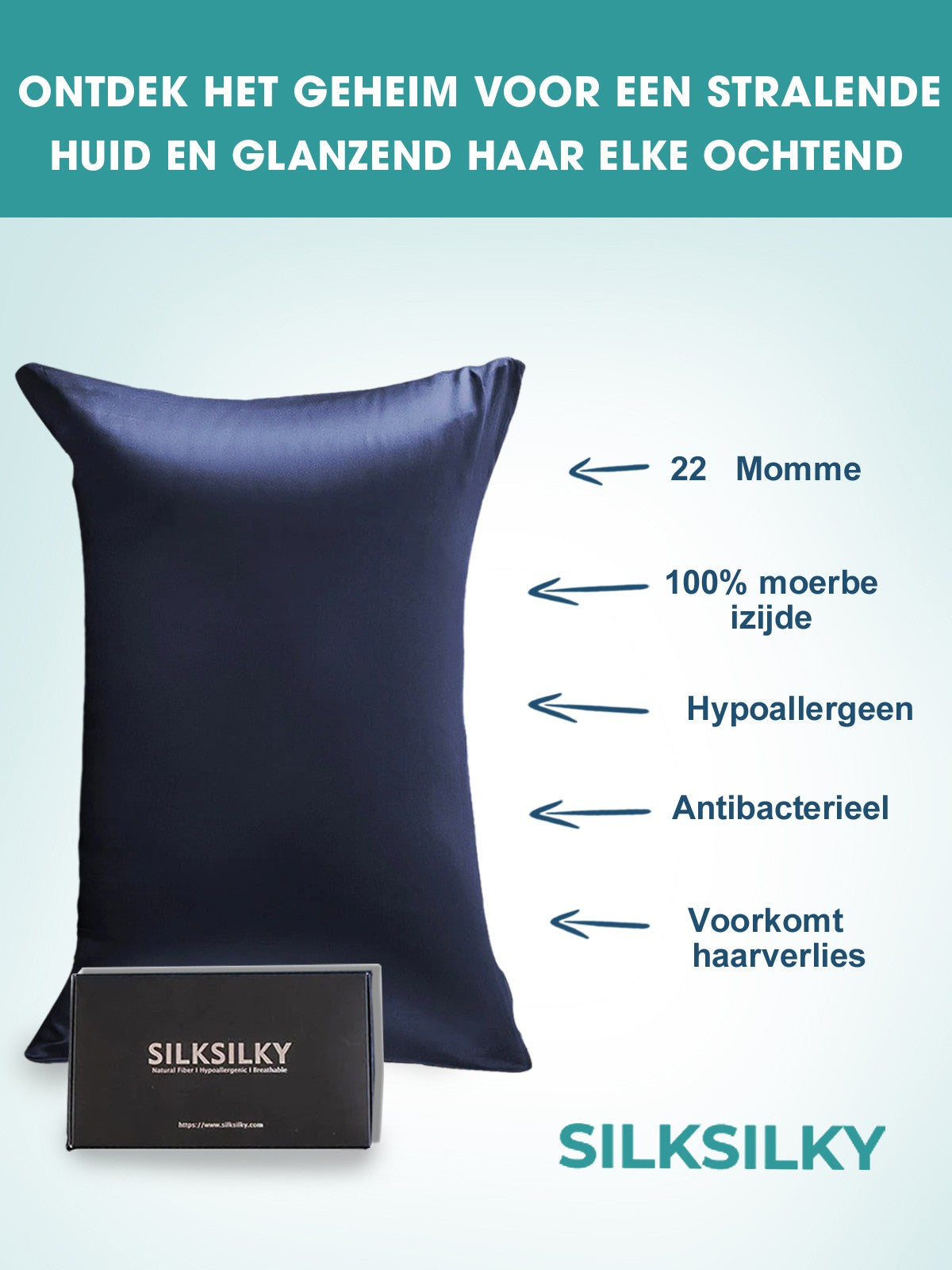 SilkSilky NL 22Momme Pure Silk Pillowcase Donkerblauw 002