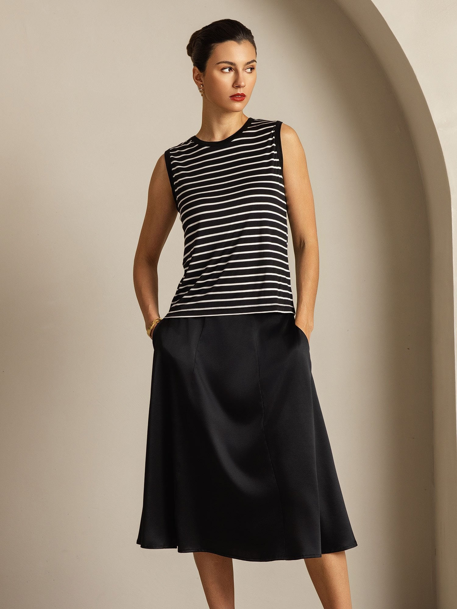 [ZwarteStreep] SilkSilky-NL Zijde Ronde Hals Cami-Top 006