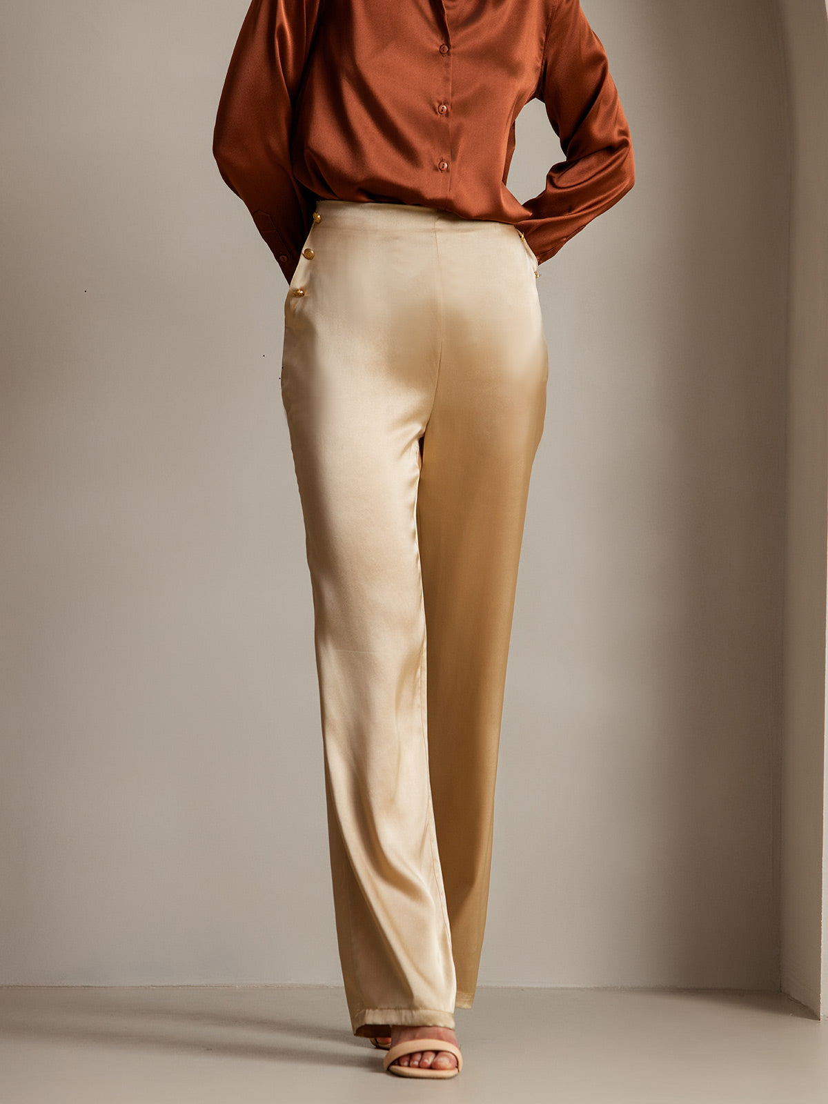 [Champagne] SilkSilky-NL 19Momme Zijde Womens Pants 001