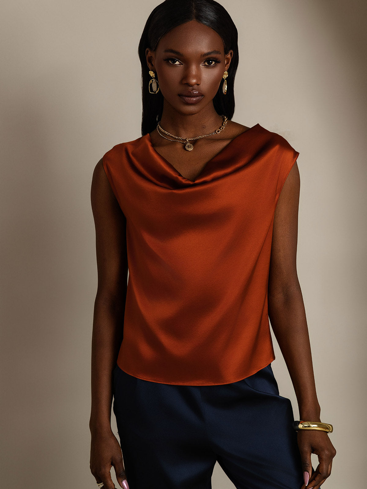 [Karamel] SilkSilky-NL 19Momme Zijde Mouwloos Cowl Hals Dames T-Shirt 003