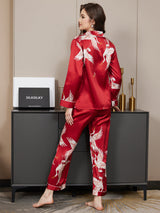[Donkerrood] SilkSilky-NL Long Sleeve Lapel Collar Dames Pyjama Set 006