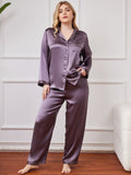 SilkSilky NL Pure Silk Lange Mouw Revers Dames Grote maten Pyjama Set PaarsGrijs 001