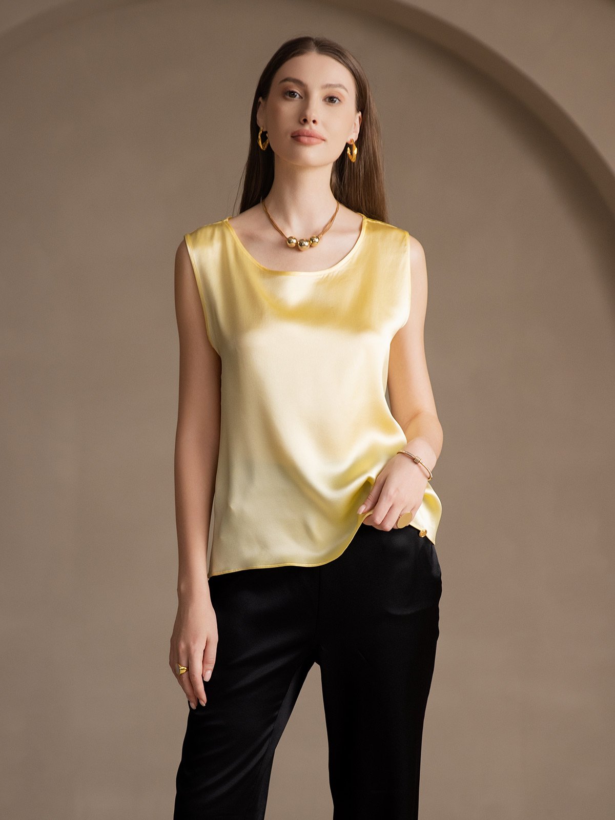 [Lichtgeel] SilkSilky-NL 19Momme Zijde Ronde Hals Cami-Top 001