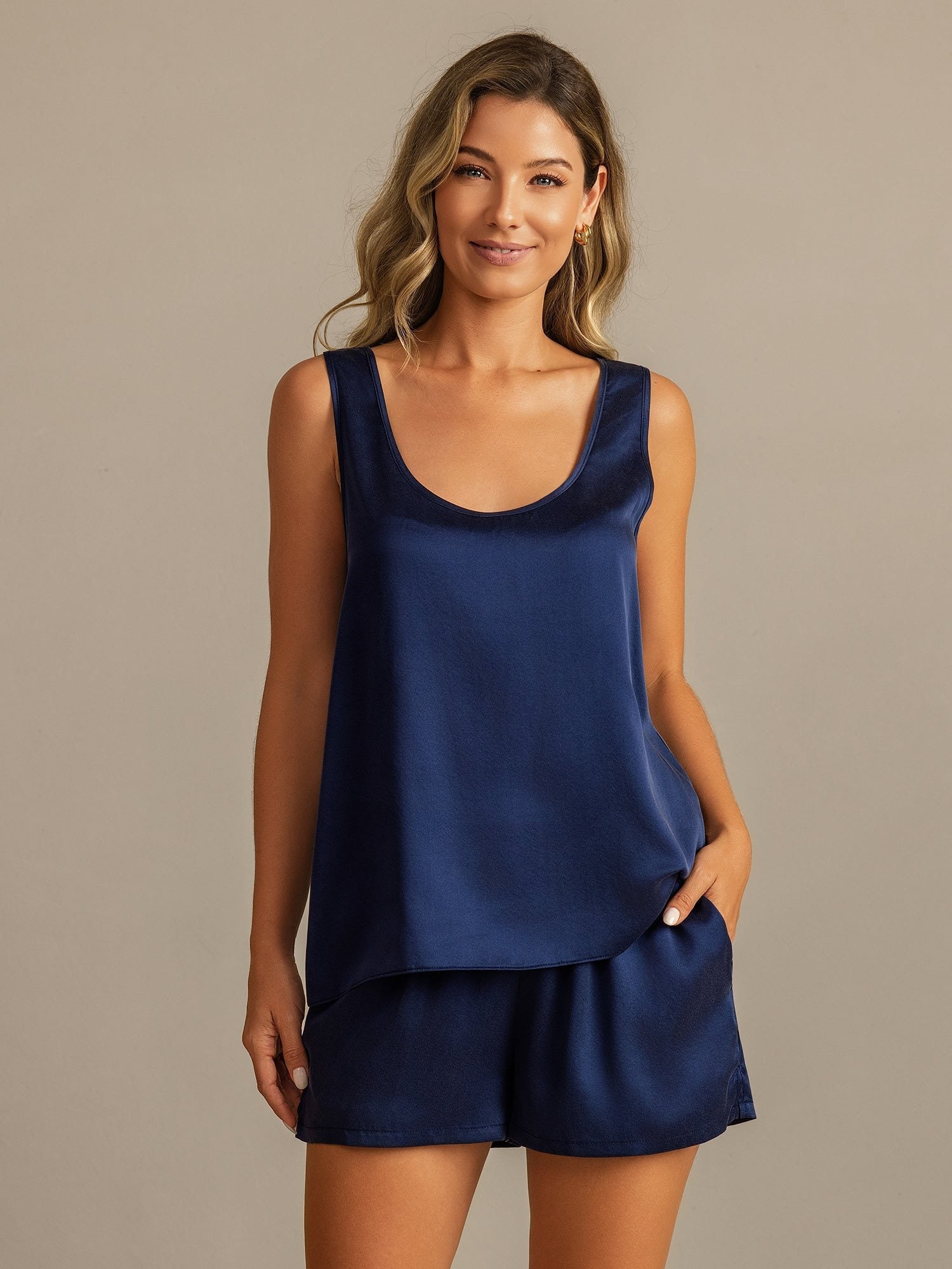 [Donkerblauw] SilkSilky-NL 19Momme Zijde Womens Pajamas 001