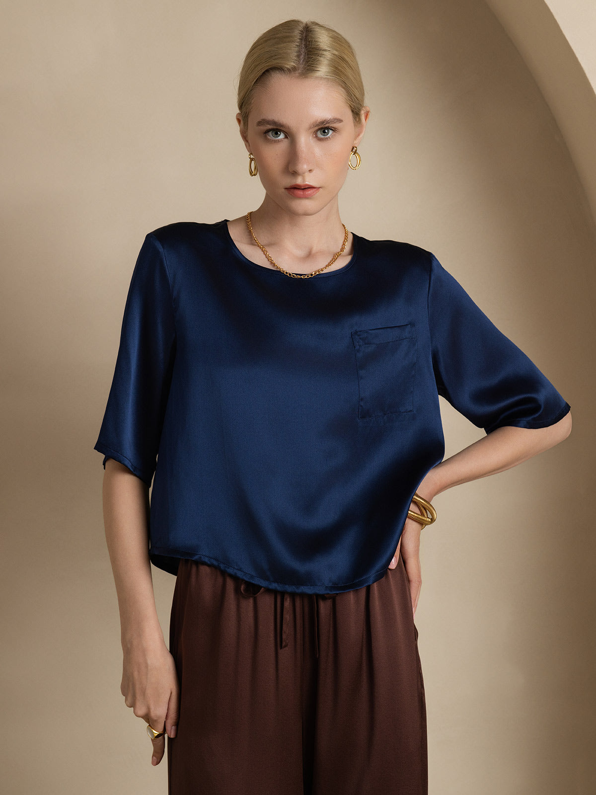 [Donkerblauw] SilkSilky-NL Boat Hals Dames T-Shirt 003
