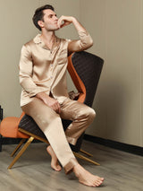 [Champagne] SilkSilky-NL Pure Silk Lange Mouw Revers Heren Pyjama Set 005