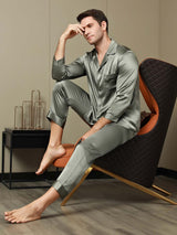 [Grijsachtig Groen] SilkSilky-NL Pure Silk Lange Mouw Revers Heren Pyjama Set 005
