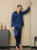 SilkSilky NL Pure Silk Lange Mouw Revers Heren Pyjama Set Donkerblauw 003