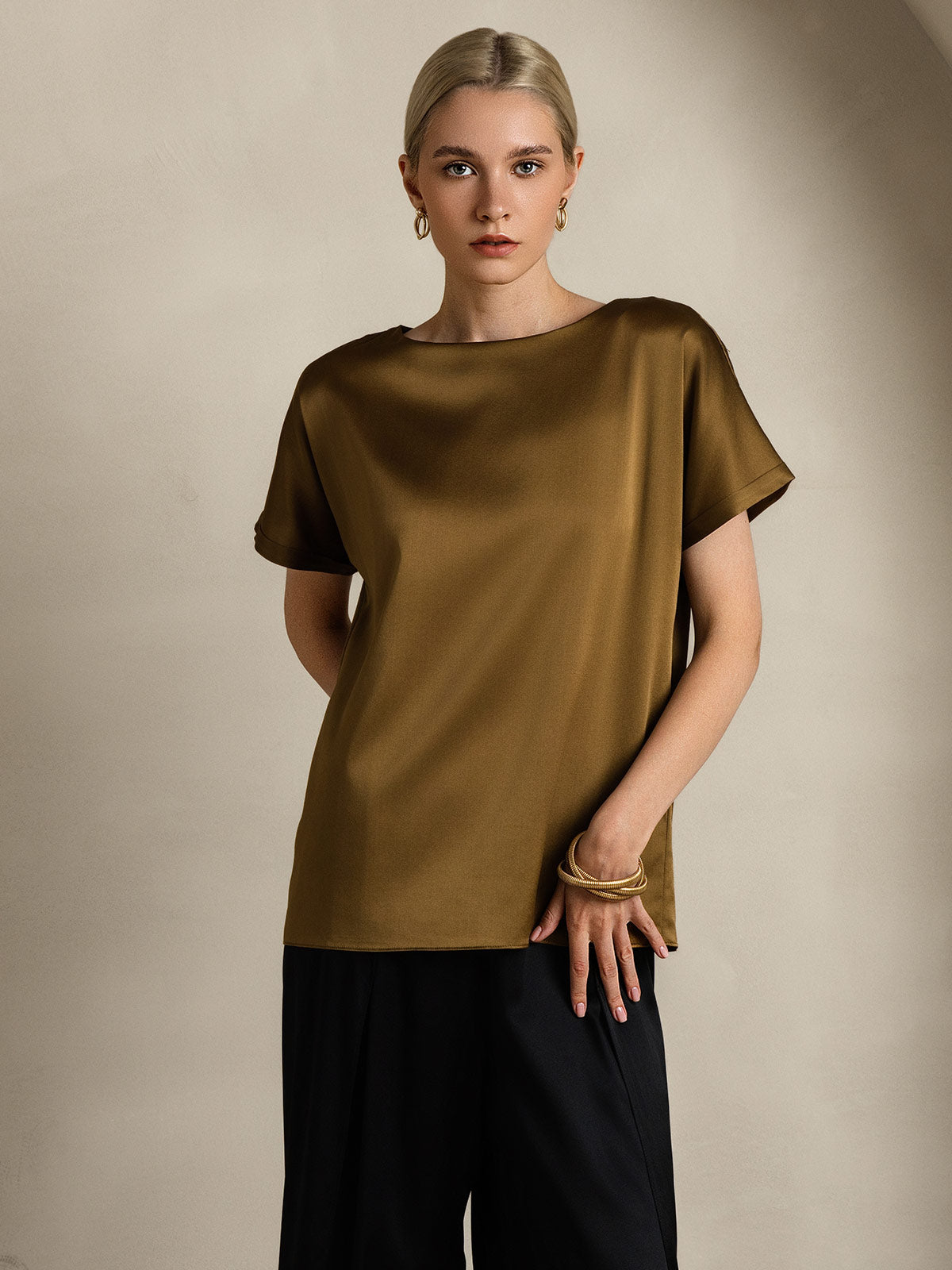 [Bruin] SilkSilky-NL 19Momme Zijde Ronde Hals Dames T-Shirt 006