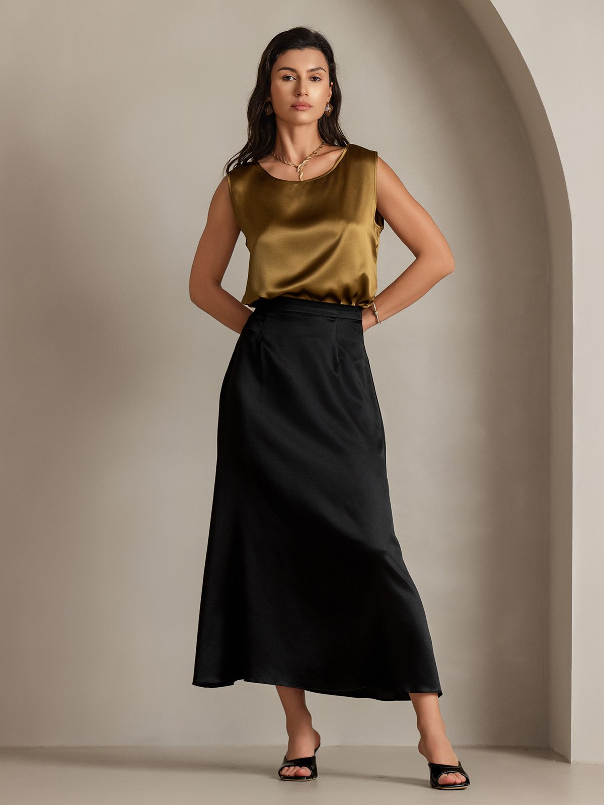 [Bruin] SilkSilky-NL 19Momme Zijde Ronde Hals Cami-Top 006