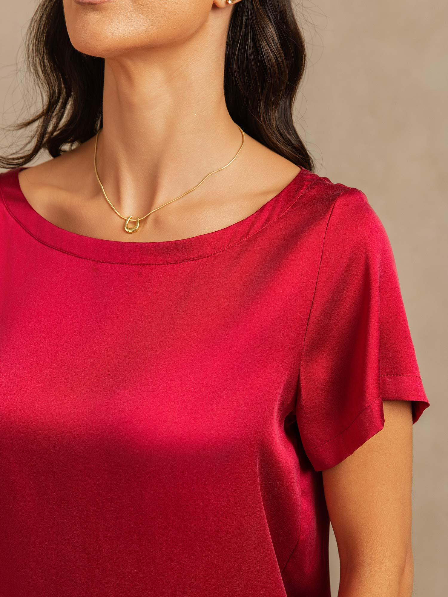 [Wijn] SilkSilky-NL 19Momme Zijde Ronde Hals Dames Pyjama Set 004,