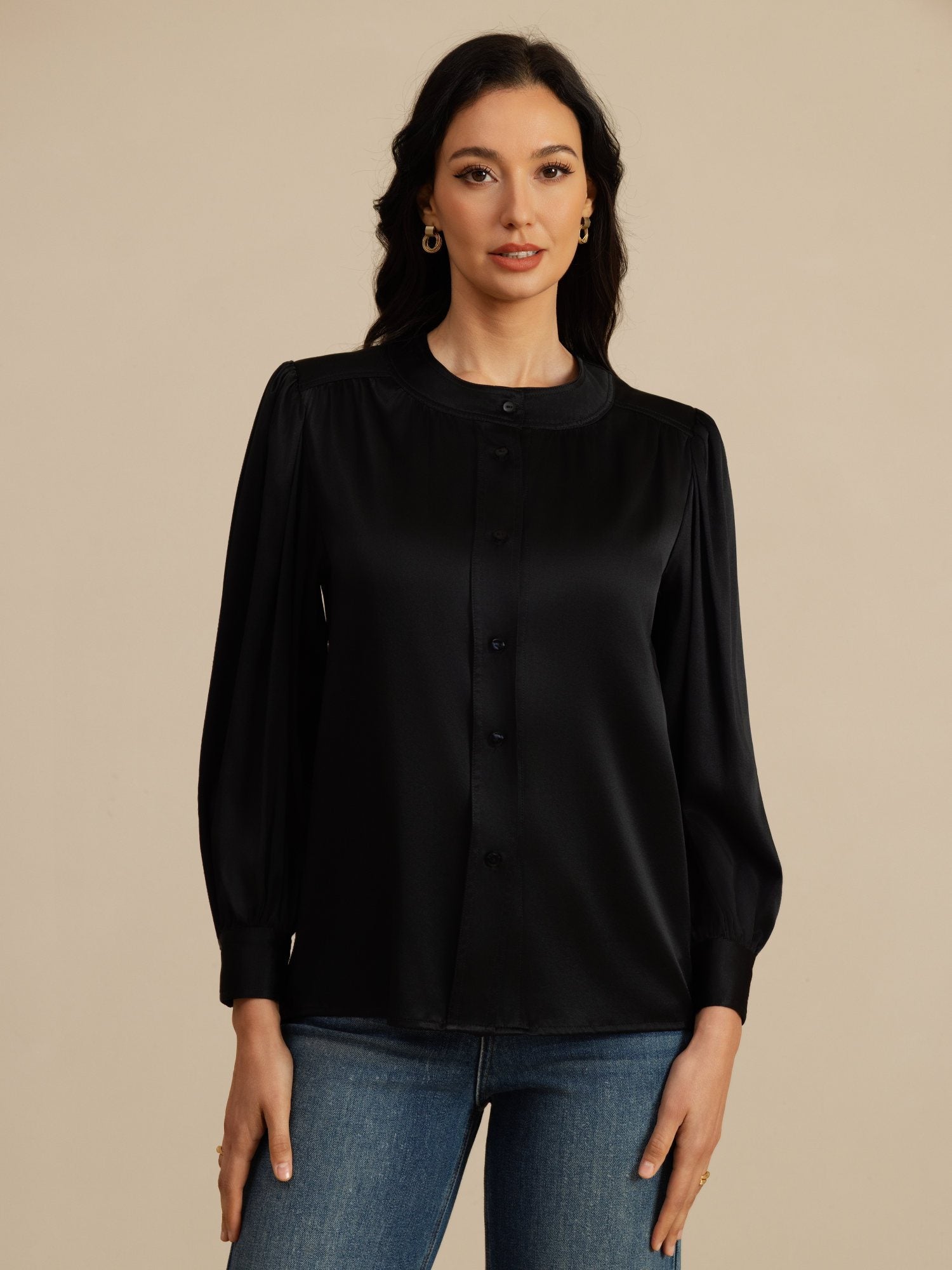 [Zwart] SilkSilky-NL 19Momme Long Sleeve Round Neck Blouse 003