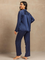 [Donkerblauw] SilkSilky-NL 19Momme Lange Mouw Notchkraag Dames Pyjama Set 002