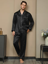 [Zwart] SilkSilky-NL Lange Mouw Notchkraag Heren Pyjama Set 004