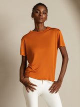 [Oranje] SilkSilky-NL 100% Silk Jersey Short Sleeve Mock Neck Dames T-Shirt 005