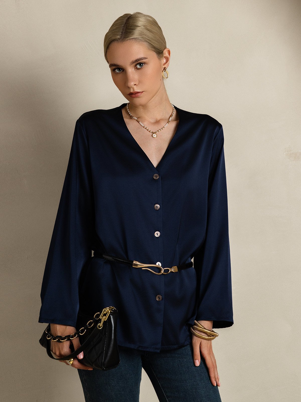 [Donkerblauw] SilkSilky-NL 19Momme Zijde V-Hals Dames Blouse 004