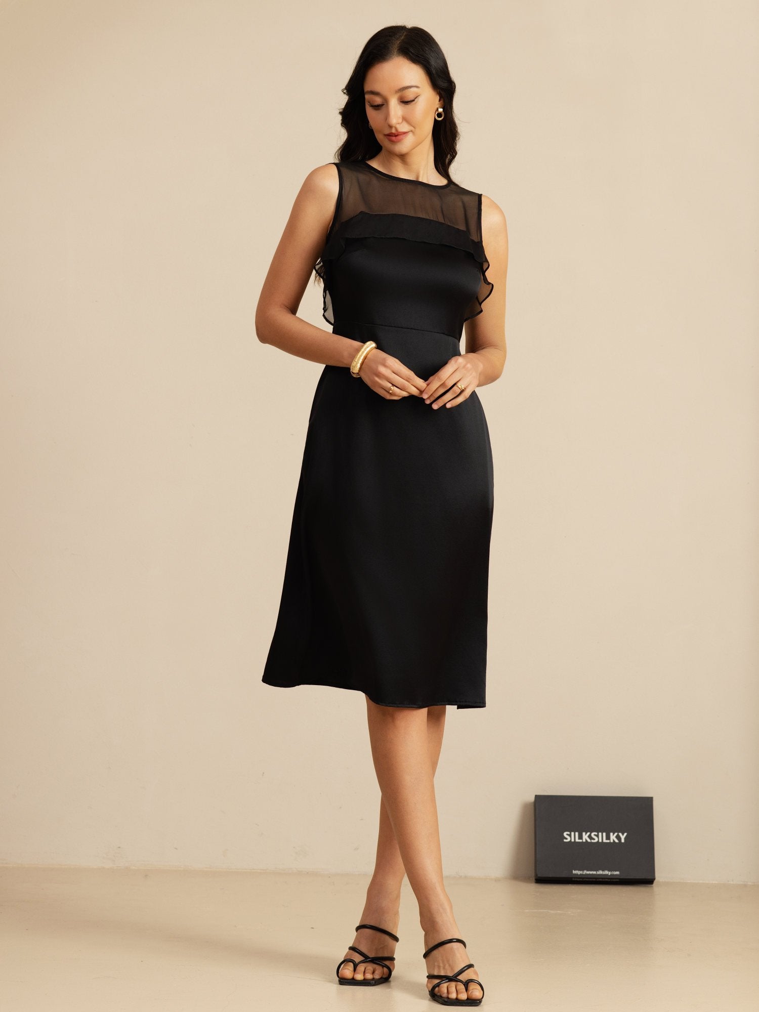 [Zwart] SilkSilky-NL 19Momme Sleeveless Illusion Neck Jurk 007
