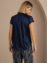 [Donkerblauw] SilkSilky-NL Short Sleeve Split Blouse 002