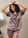 SilkSilky NL Pure Silk Korte Mouw Revers Dames Pyjama Set Koffie 001