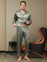 [Grijsachtig Groen] SilkSilky-NL Pure Silk Lange Mouw Revers Heren Pyjama Set 007