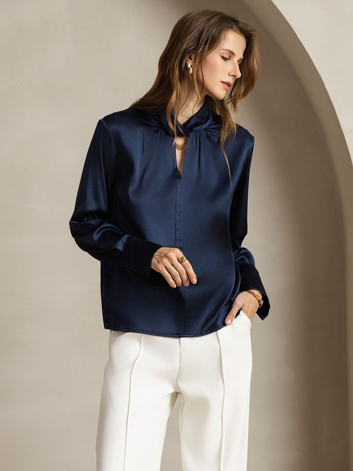 [Donkerblauw] SilkSilky-NL 19Momme Zijde Womens Shirt 006