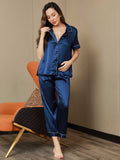 SilkSilky NL Pure Silk Korte Mouw Revers Dames Pyjama Set Donkerblauw 004