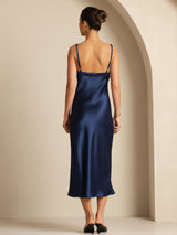 [Donkerblauw] SilkSilky-NL Spaghetti Strap V Neck Jurk 002