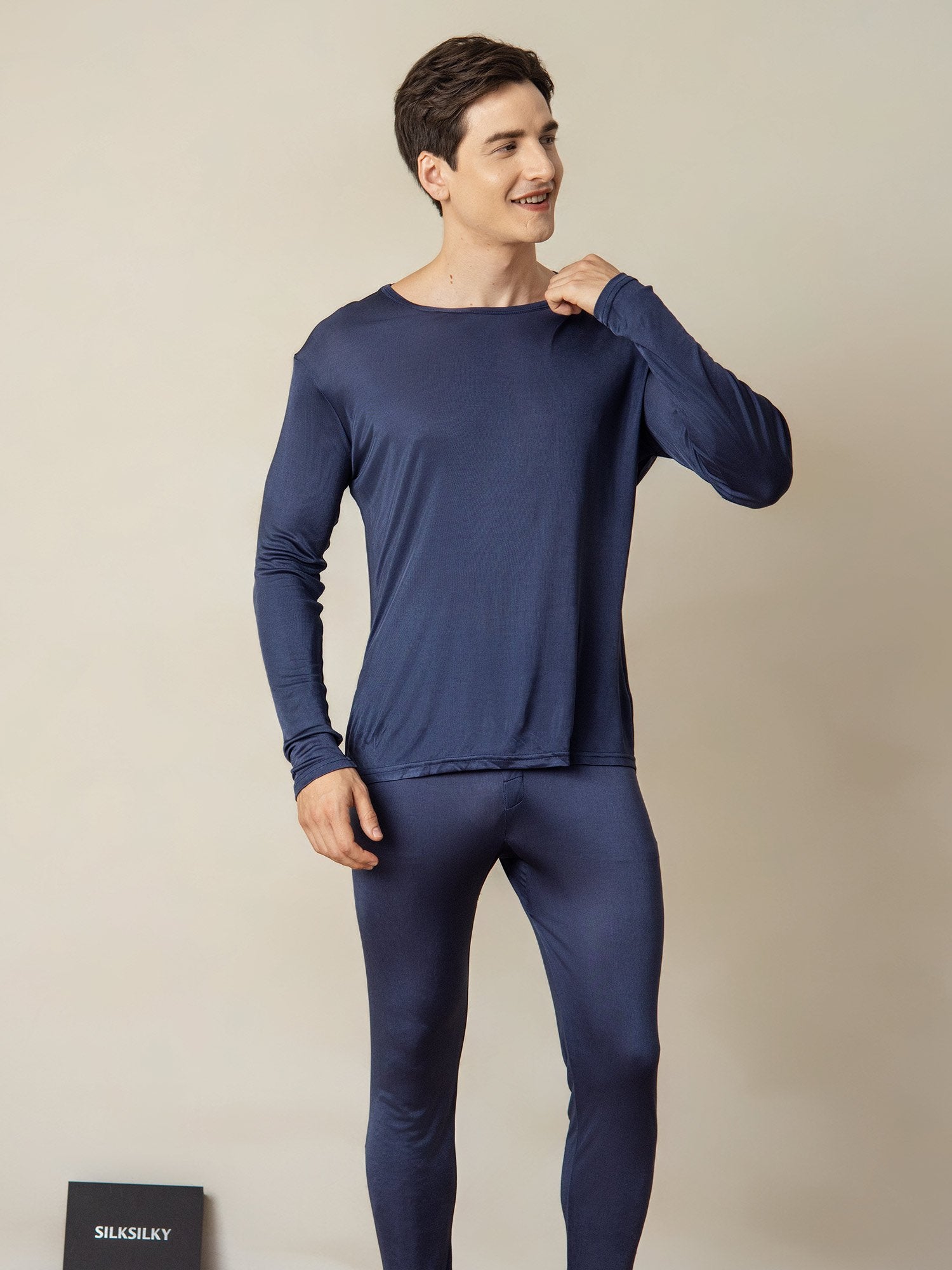 [Donkerblauw] SilkSilky-NL Zijde Mens Pajamas 003