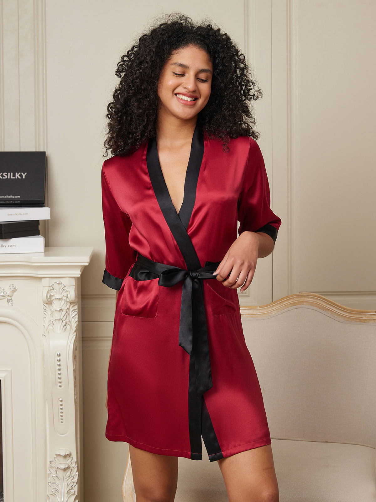 [Wijn] SilkSilky-NL Pure Silk Halve Mouw Womens Robe 003