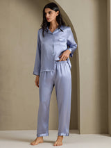 [Staal Blauw] SilkSilky-NL Long Sleeve Lapel Collar Dames Pyjama Set 001