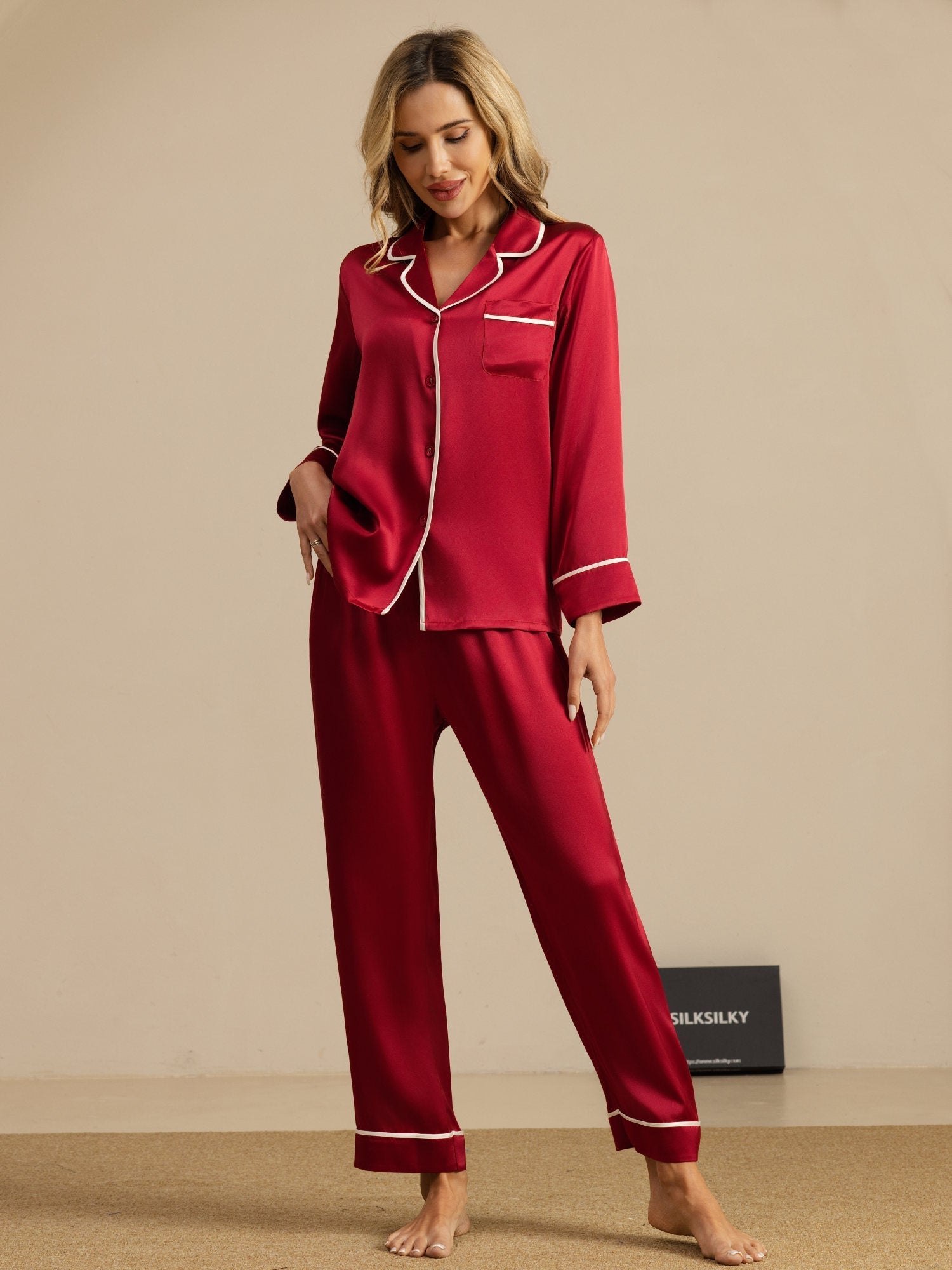 [Wijn] SilkSilky-NL Lange Mouw Notchkraag Dames Pyjama Set 006