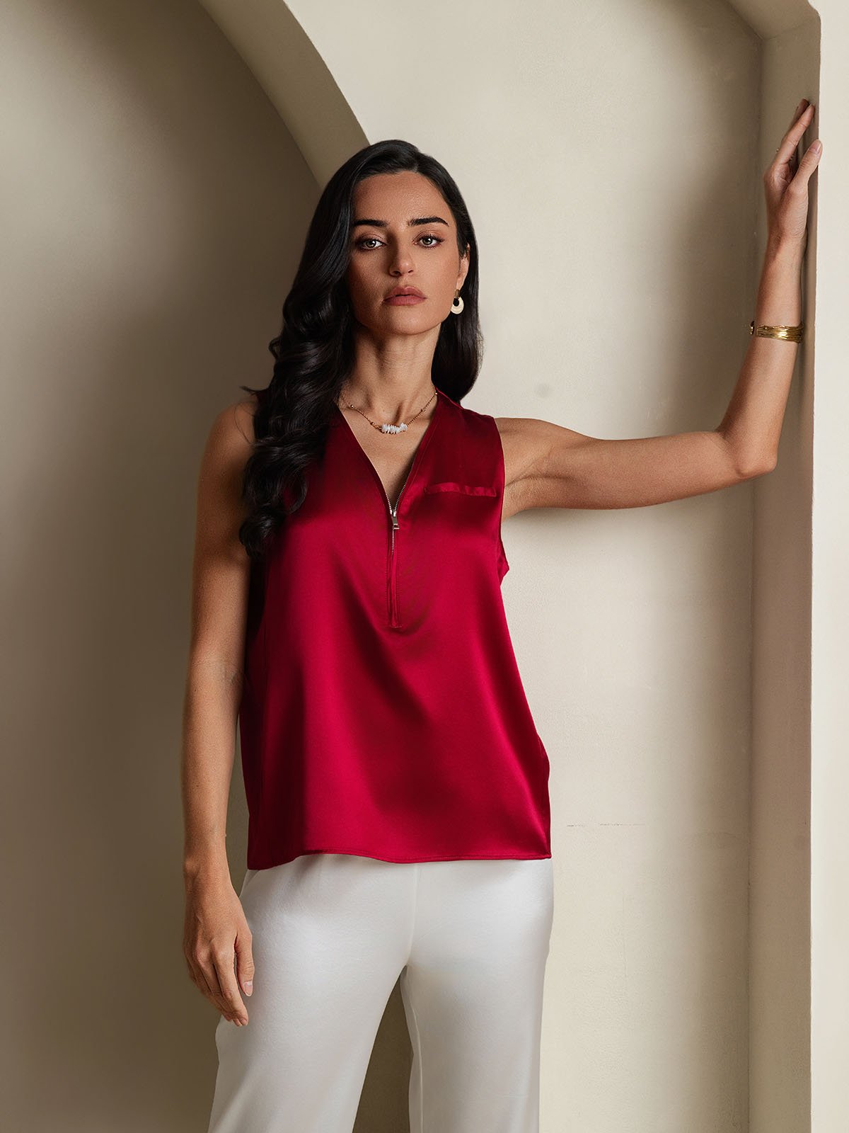 SilkSilky-NL 19Momme Zijde Mouwloos V-Hals Dames Blouse Wijn 006