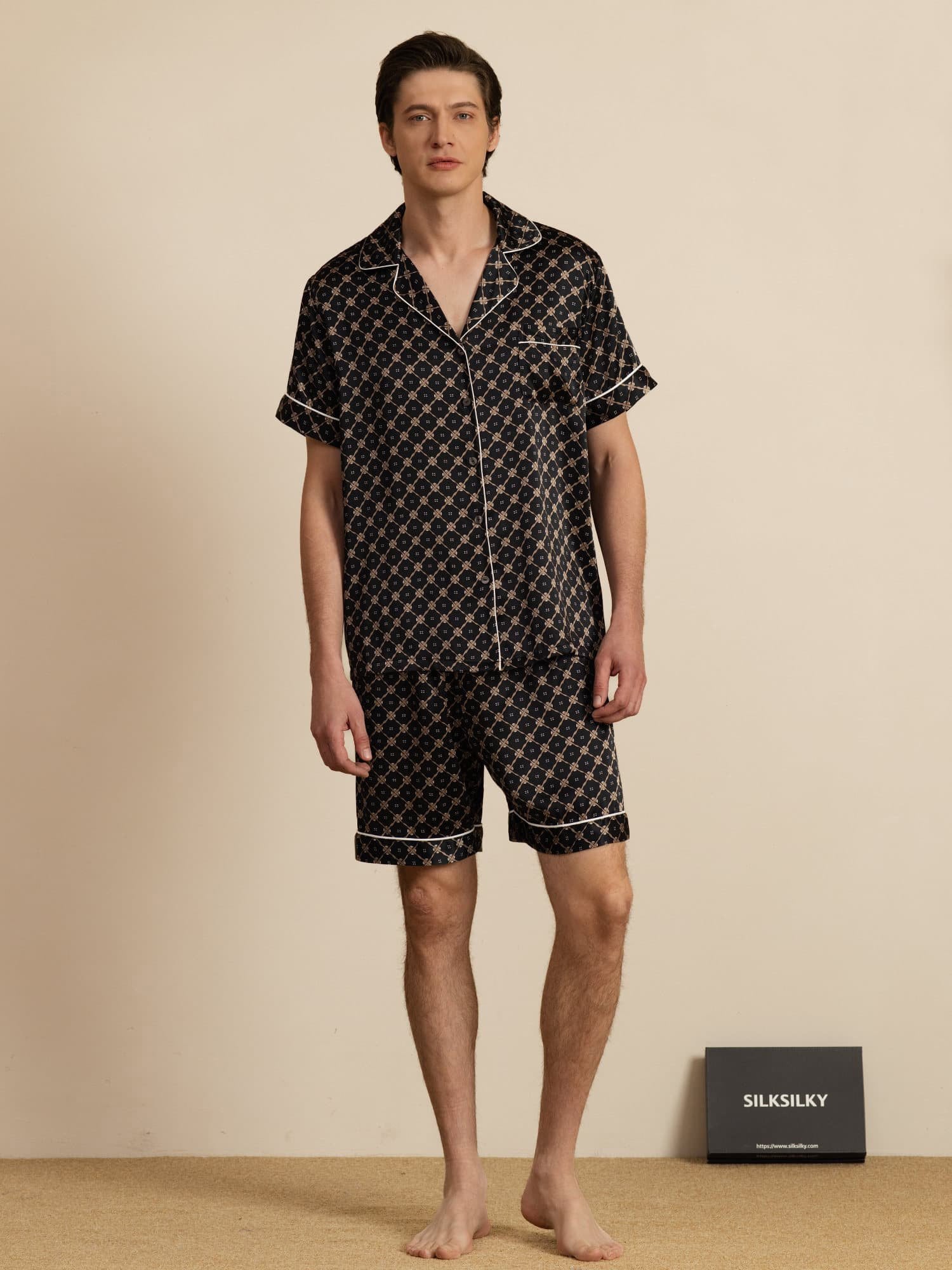 [Zwarte Ketting] SilkSilky-NL Korte Mouw Notchkraag Heren Pyjama Set 007