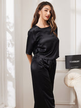 [Zwart] SilkSilky-NL Halve Mouw Ronde Hals Dames Pyjama Set 003