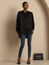 [Zwart] SilkSilky-NL 19Momme Lange Mouw Staande Kraag Blouse 006