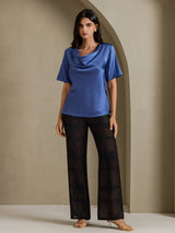 [Echt Petrol] SilkSilky-NL Short Sleeve Cowl Neck Blouse 006