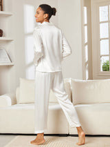 [Wit] SilkSilky-NL Long Sleeve Lapel Collar Dames Pyjama Set 003