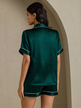 [Donkergroen] SilkSilky-NL Short Sleeve Lapel Collar Dames Pyjama Set 002