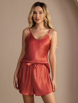 [Wijnrood Ginkgo] SilkSilky-NL Spaghetti Strap V Neck Cami-Set 006