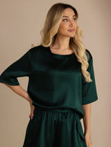 [Donkergroen] SilkSilky-NL Short Sleeve Split Dames Pyjama Set 005