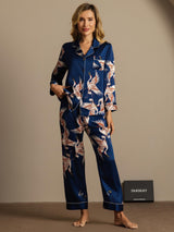 [Donkerblauw] SilkSilky-NL Long Sleeve Lapel Collar Dames Pyjama Set 004