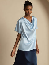[Grijsachtig Blauw] SilkSilky-NL 19Momme Korte Mouw Waterval Hals Blouse 005