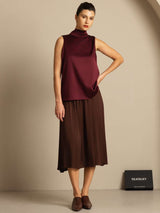[Donkerrood] SilkSilky-NL 19Momme Mouwloos Strikhals Blouse 009
